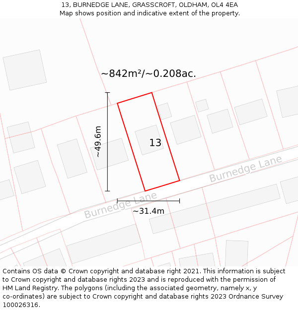 13, BURNEDGE LANE, GRASSCROFT, OLDHAM, OL4 4EA: Plot and title map