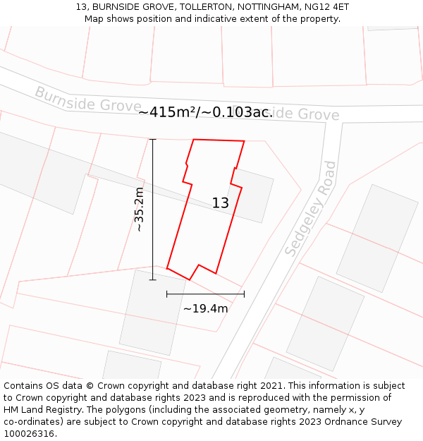 13, BURNSIDE GROVE, TOLLERTON, NOTTINGHAM, NG12 4ET: Plot and title map