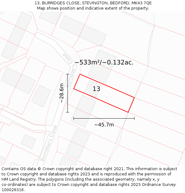 13, BURRIDGES CLOSE, STEVINGTON, BEDFORD, MK43 7QE: Plot and title map