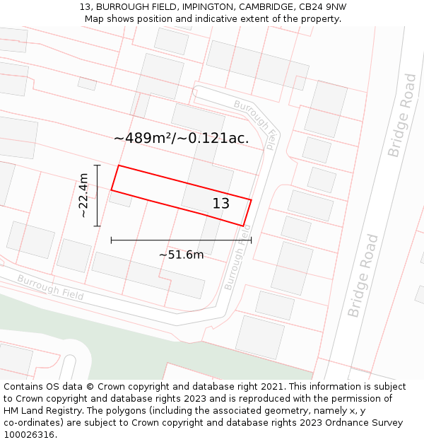 13, BURROUGH FIELD, IMPINGTON, CAMBRIDGE, CB24 9NW: Plot and title map