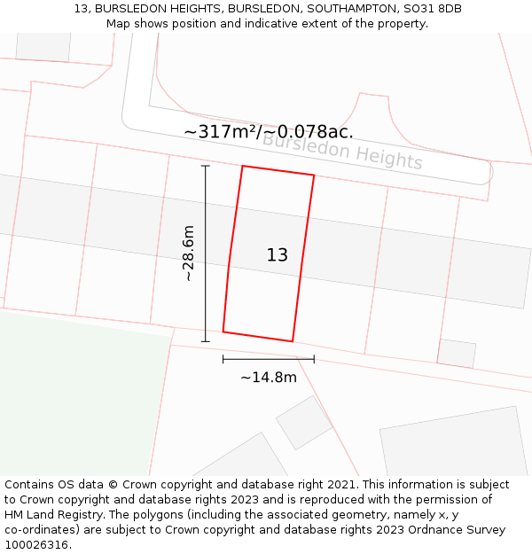 13, BURSLEDON HEIGHTS, BURSLEDON, SOUTHAMPTON, SO31 8DB: Plot and title map