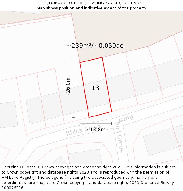 13, BURWOOD GROVE, HAYLING ISLAND, PO11 9DS: Plot and title map