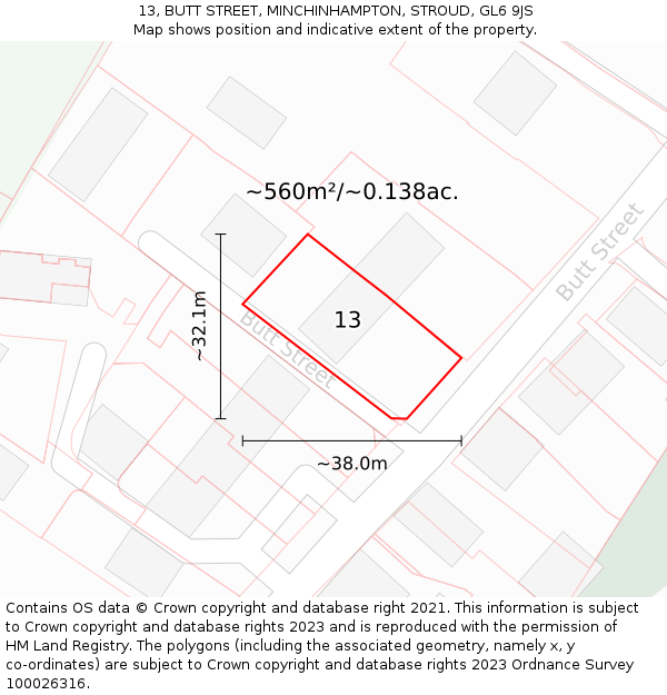 13, BUTT STREET, MINCHINHAMPTON, STROUD, GL6 9JS: Plot and title map