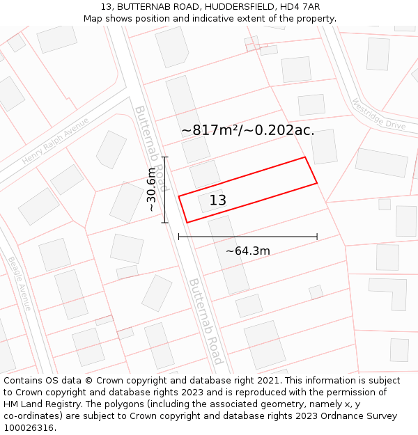 13, BUTTERNAB ROAD, HUDDERSFIELD, HD4 7AR: Plot and title map