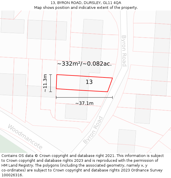 13, BYRON ROAD, DURSLEY, GL11 4QA: Plot and title map