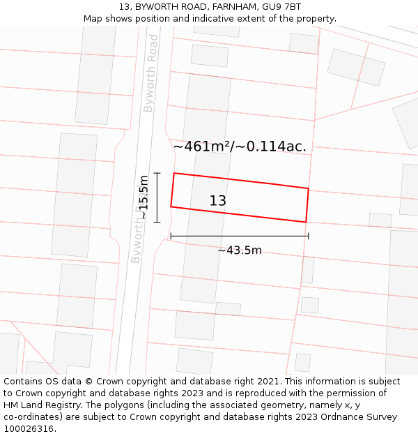 13, BYWORTH ROAD, FARNHAM, GU9 7BT: Plot and title map