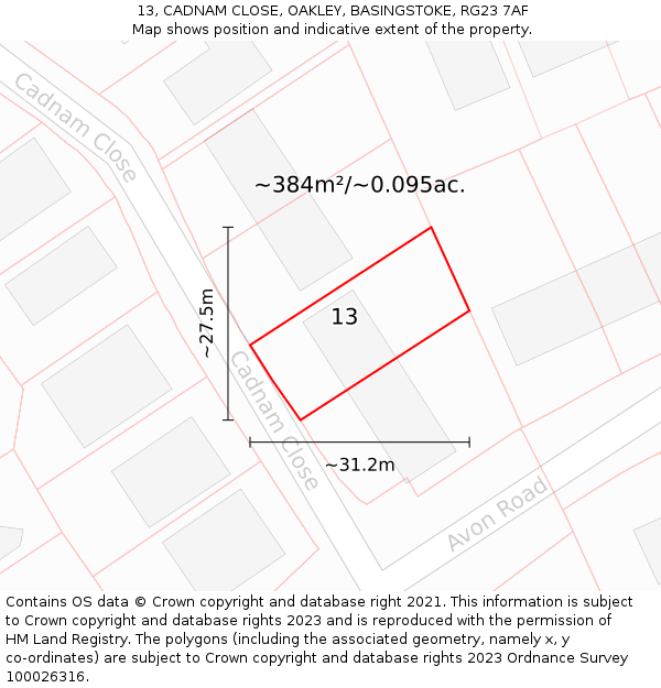 13, CADNAM CLOSE, OAKLEY, BASINGSTOKE, RG23 7AF: Plot and title map