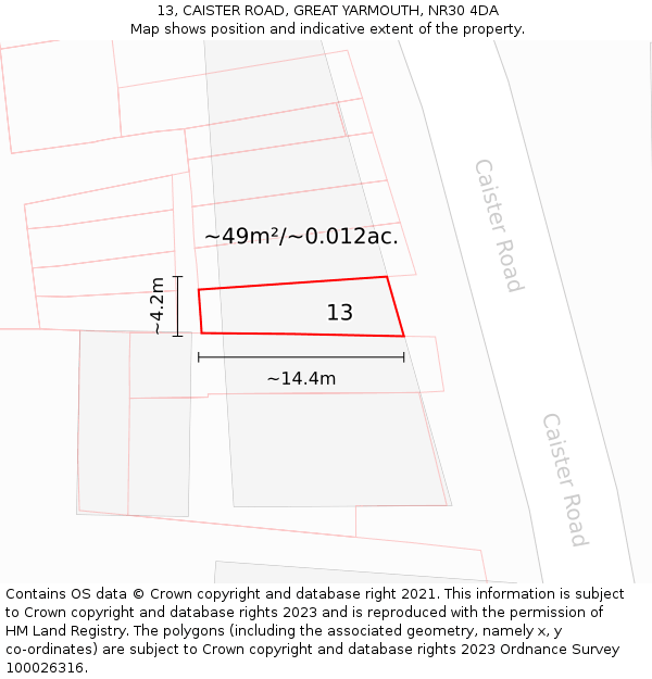 13, CAISTER ROAD, GREAT YARMOUTH, NR30 4DA: Plot and title map