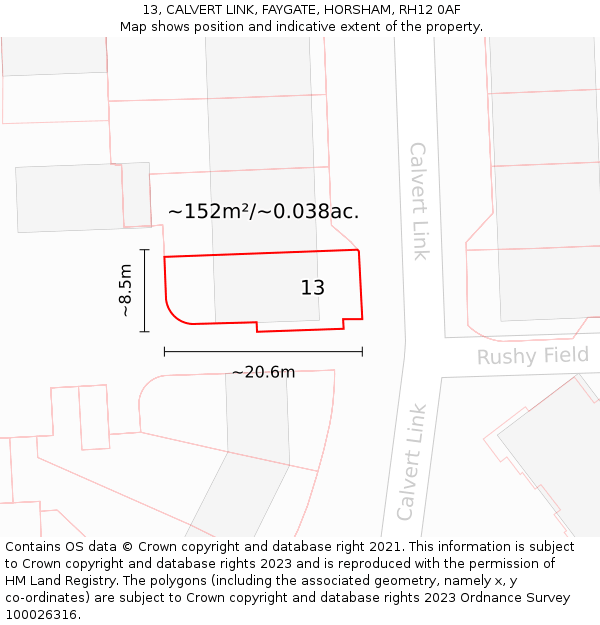 13, CALVERT LINK, FAYGATE, HORSHAM, RH12 0AF: Plot and title map