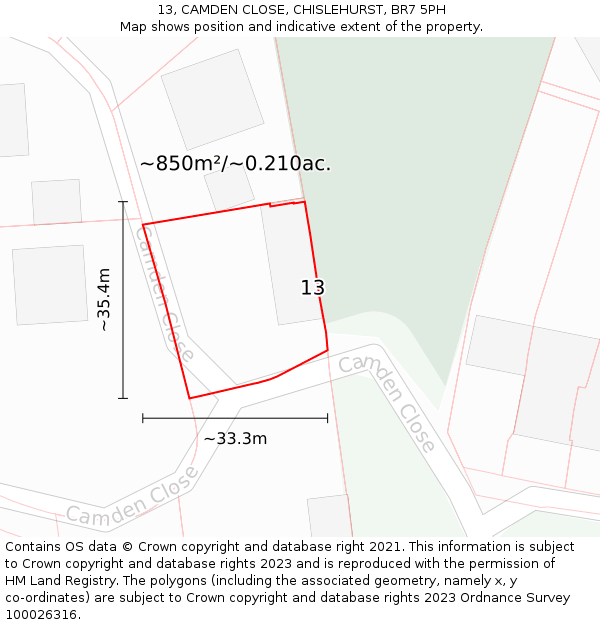 13, CAMDEN CLOSE, CHISLEHURST, BR7 5PH: Plot and title map