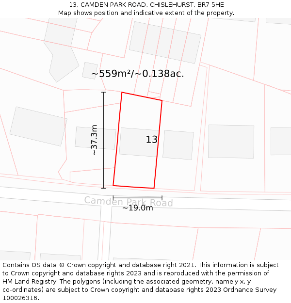 13, CAMDEN PARK ROAD, CHISLEHURST, BR7 5HE: Plot and title map