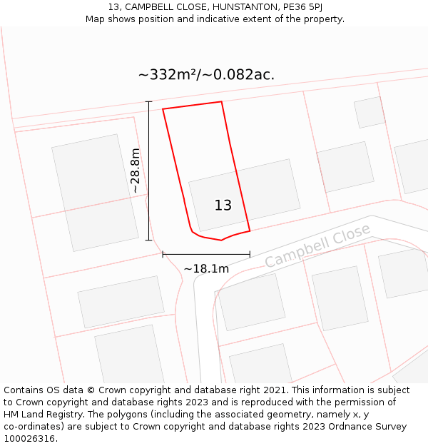 13, CAMPBELL CLOSE, HUNSTANTON, PE36 5PJ: Plot and title map