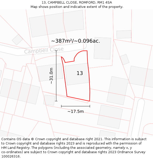 13, CAMPBELL CLOSE, ROMFORD, RM1 4SA: Plot and title map