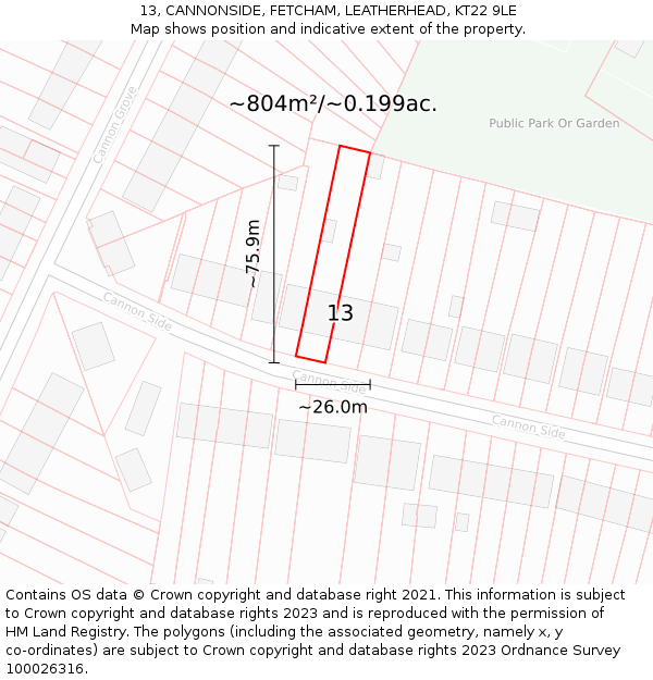 13, CANNONSIDE, FETCHAM, LEATHERHEAD, KT22 9LE: Plot and title map