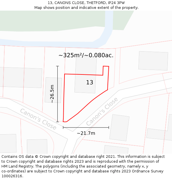 13, CANONS CLOSE, THETFORD, IP24 3PW: Plot and title map