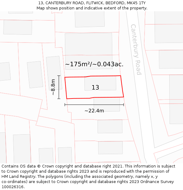 13, CANTERBURY ROAD, FLITWICK, BEDFORD, MK45 1TY: Plot and title map