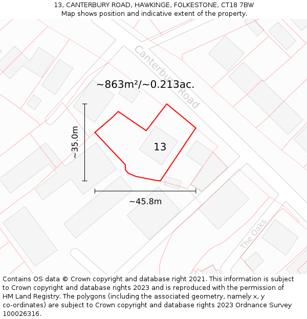 13, CANTERBURY ROAD, HAWKINGE, FOLKESTONE, CT18 7BW: Plot and title map