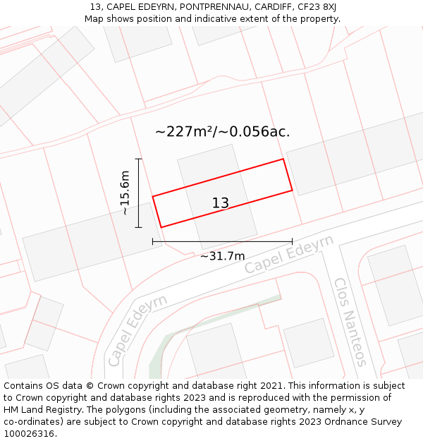 13, CAPEL EDEYRN, PONTPRENNAU, CARDIFF, CF23 8XJ: Plot and title map