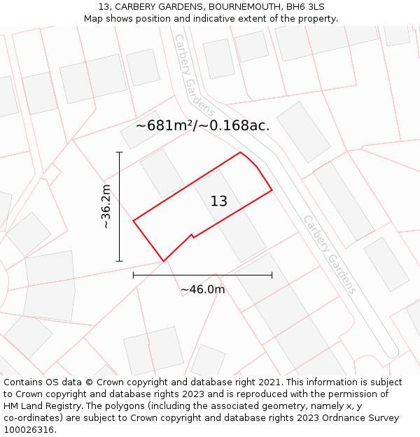 13, CARBERY GARDENS, BOURNEMOUTH, BH6 3LS: Plot and title map