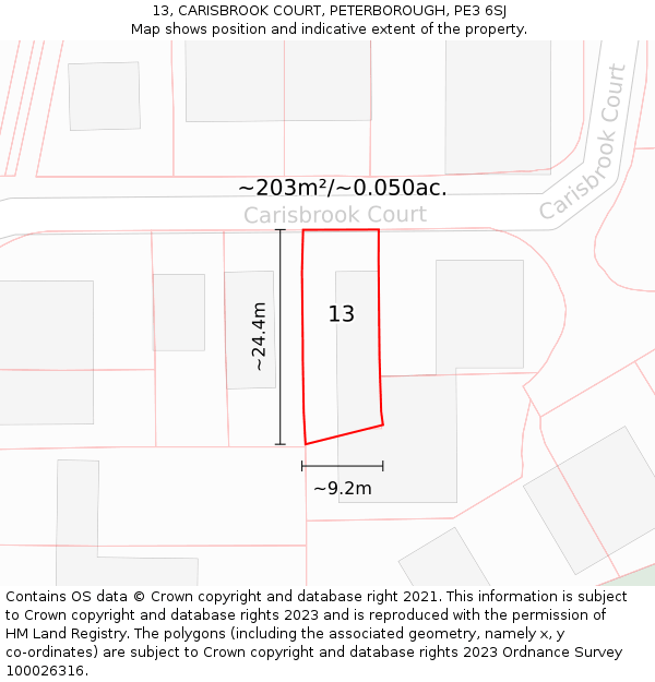 13, CARISBROOK COURT, PETERBOROUGH, PE3 6SJ: Plot and title map