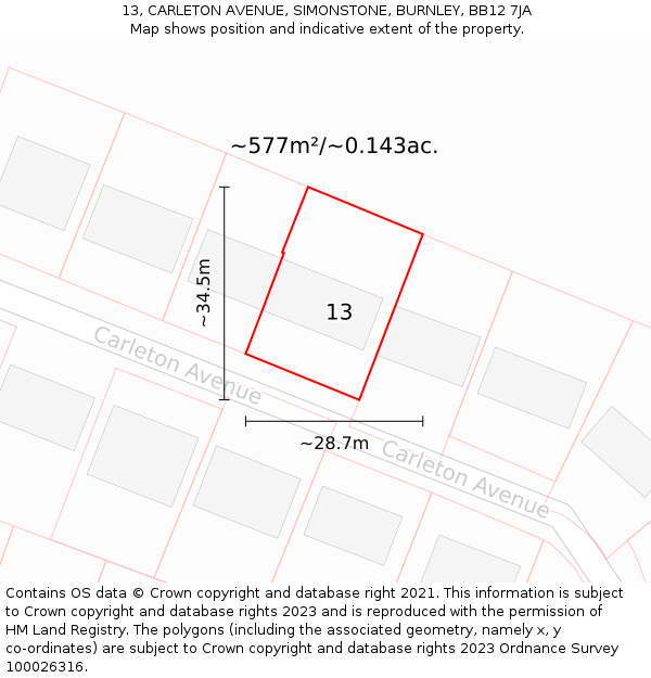 13, CARLETON AVENUE, SIMONSTONE, BURNLEY, BB12 7JA: Plot and title map