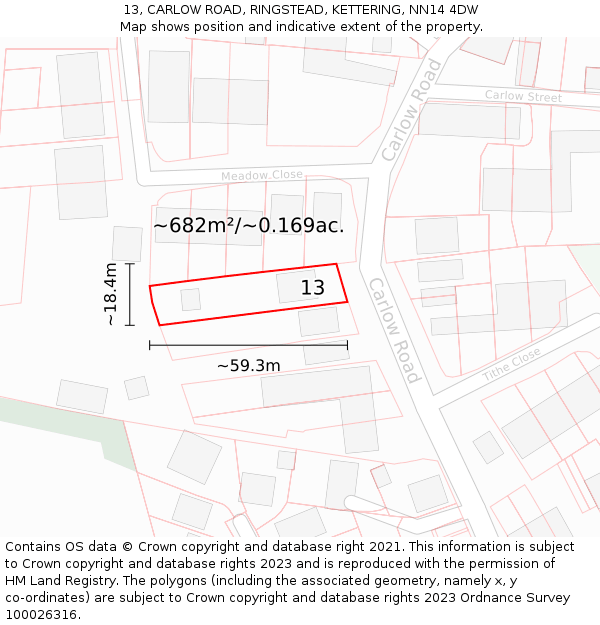 13, CARLOW ROAD, RINGSTEAD, KETTERING, NN14 4DW: Plot and title map