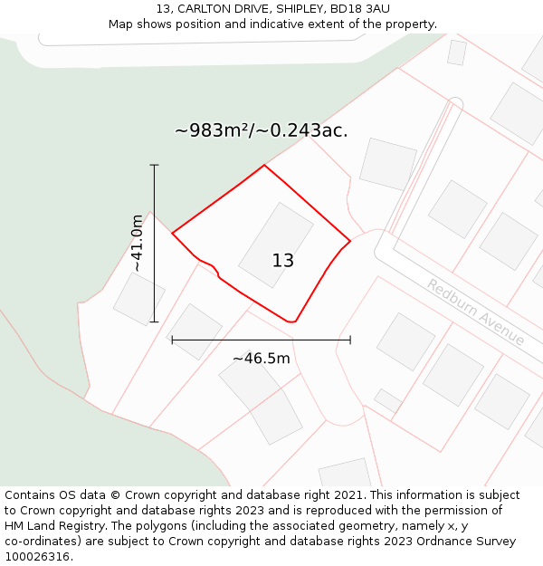 13, CARLTON DRIVE, SHIPLEY, BD18 3AU: Plot and title map