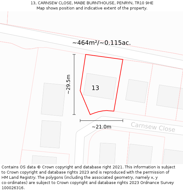 13, CARNSEW CLOSE, MABE BURNTHOUSE, PENRYN, TR10 9HE: Plot and title map