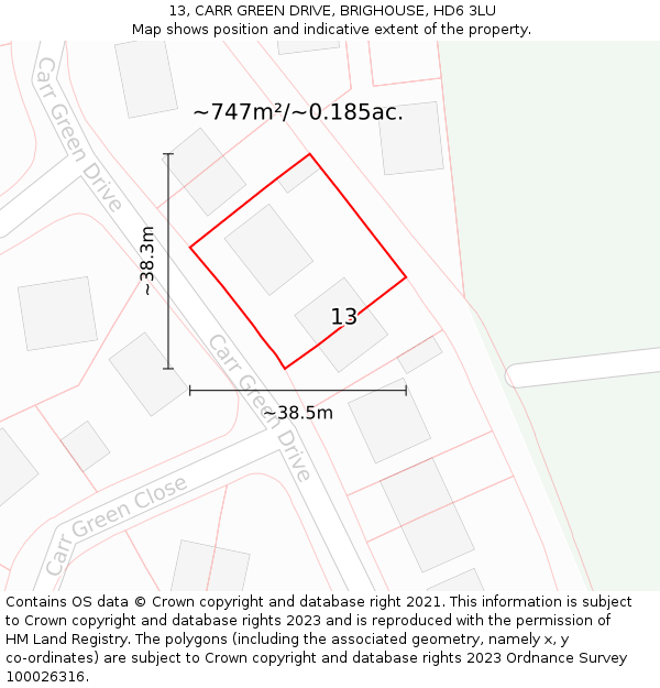 13, CARR GREEN DRIVE, BRIGHOUSE, HD6 3LU: Plot and title map