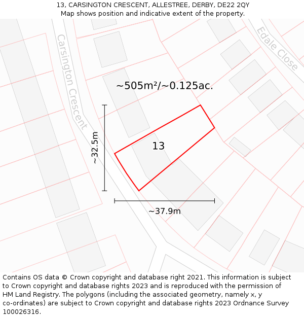 13, CARSINGTON CRESCENT, ALLESTREE, DERBY, DE22 2QY: Plot and title map