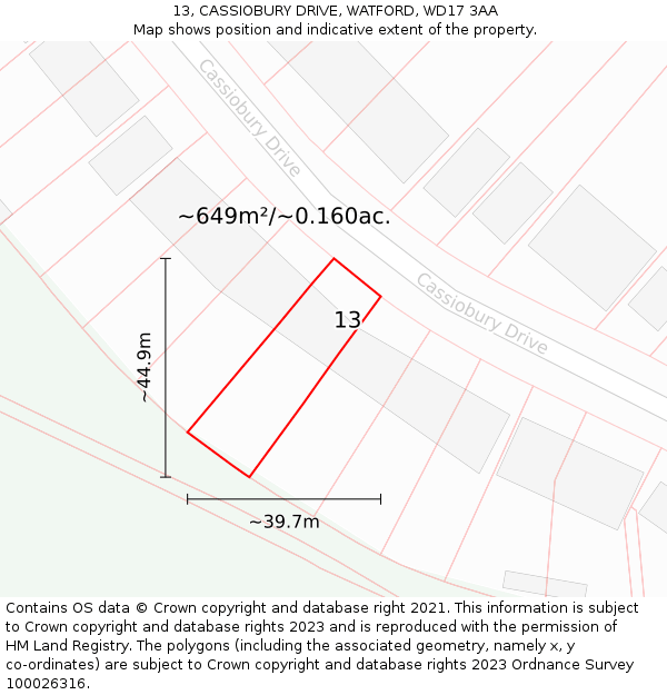 13, CASSIOBURY DRIVE, WATFORD, WD17 3AA: Plot and title map