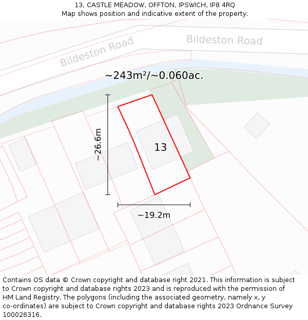 13, CASTLE MEADOW, OFFTON, IPSWICH, IP8 4RQ: Plot and title map
