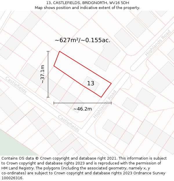 13, CASTLEFIELDS, BRIDGNORTH, WV16 5DH: Plot and title map