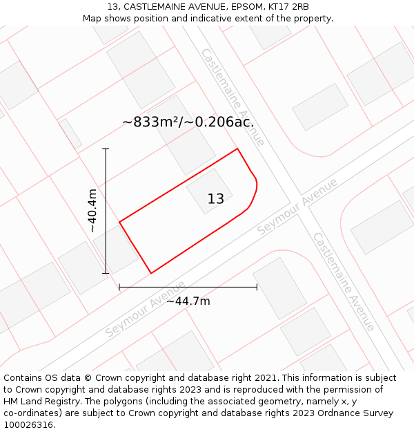 13, CASTLEMAINE AVENUE, EPSOM, KT17 2RB: Plot and title map