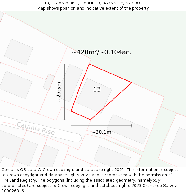 13, CATANIA RISE, DARFIELD, BARNSLEY, S73 9QZ: Plot and title map