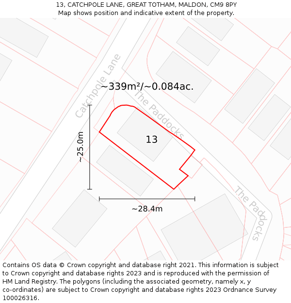 13, CATCHPOLE LANE, GREAT TOTHAM, MALDON, CM9 8PY: Plot and title map
