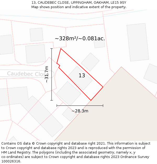 13, CAUDEBEC CLOSE, UPPINGHAM, OAKHAM, LE15 9SY: Plot and title map