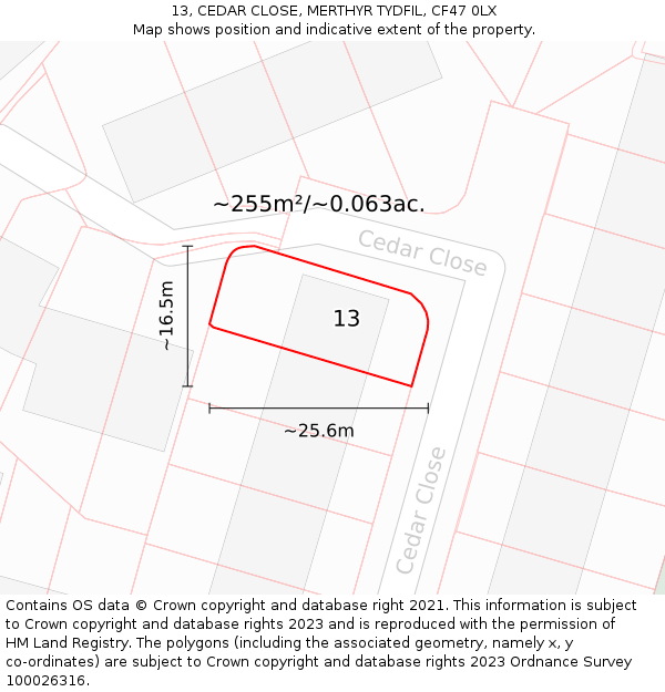 13, CEDAR CLOSE, MERTHYR TYDFIL, CF47 0LX: Plot and title map