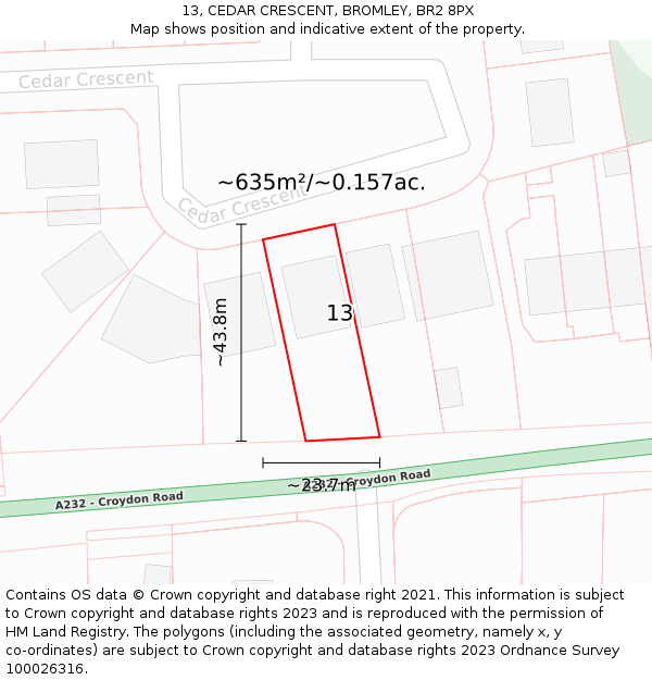 13, CEDAR CRESCENT, BROMLEY, BR2 8PX: Plot and title map