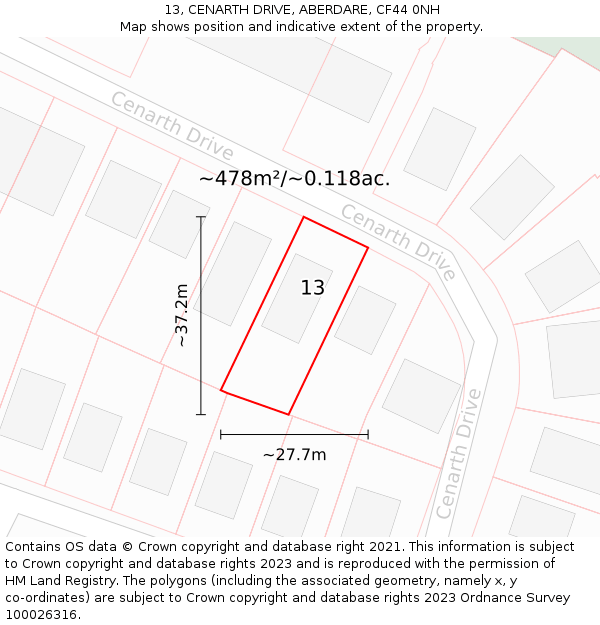 13, CENARTH DRIVE, ABERDARE, CF44 0NH: Plot and title map