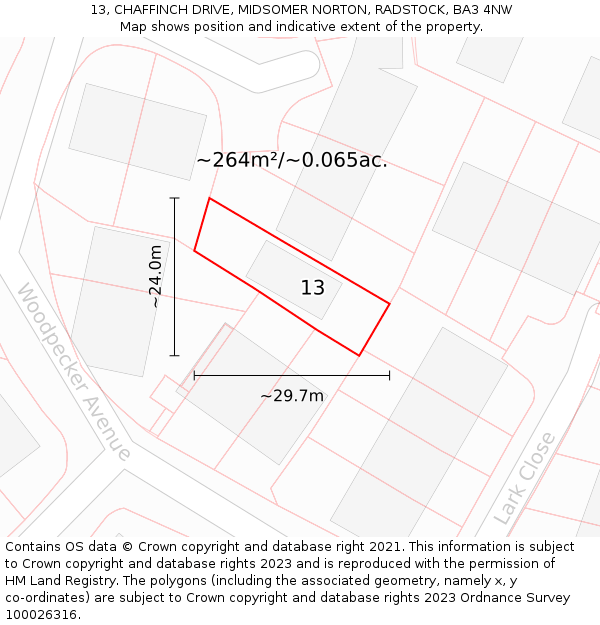 13, CHAFFINCH DRIVE, MIDSOMER NORTON, RADSTOCK, BA3 4NW: Plot and title map