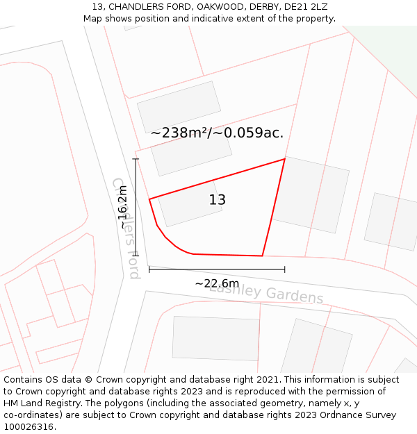 13, CHANDLERS FORD, OAKWOOD, DERBY, DE21 2LZ: Plot and title map
