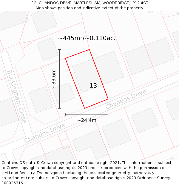 13, CHANDOS DRIVE, MARTLESHAM, WOODBRIDGE, IP12 4ST: Plot and title map