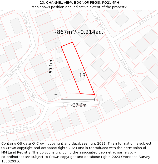 13, CHANNEL VIEW, BOGNOR REGIS, PO21 4PH: Plot and title map