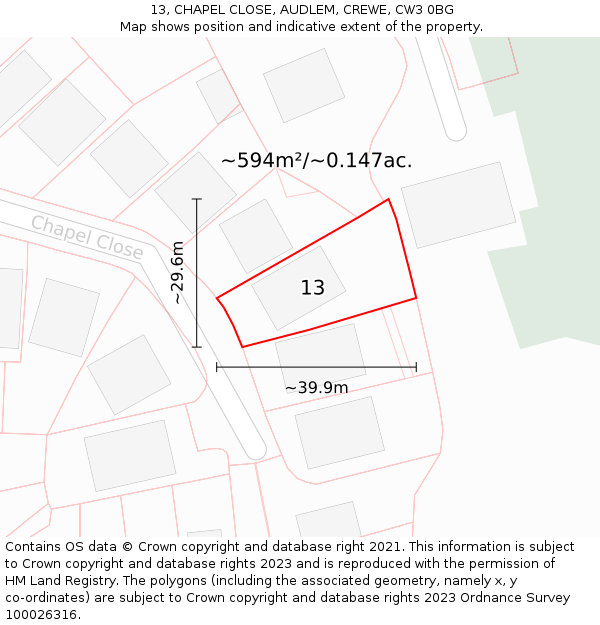 13, CHAPEL CLOSE, AUDLEM, CREWE, CW3 0BG: Plot and title map