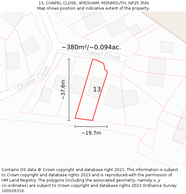 13, CHAPEL CLOSE, WYESHAM, MONMOUTH, NP25 3NN: Plot and title map