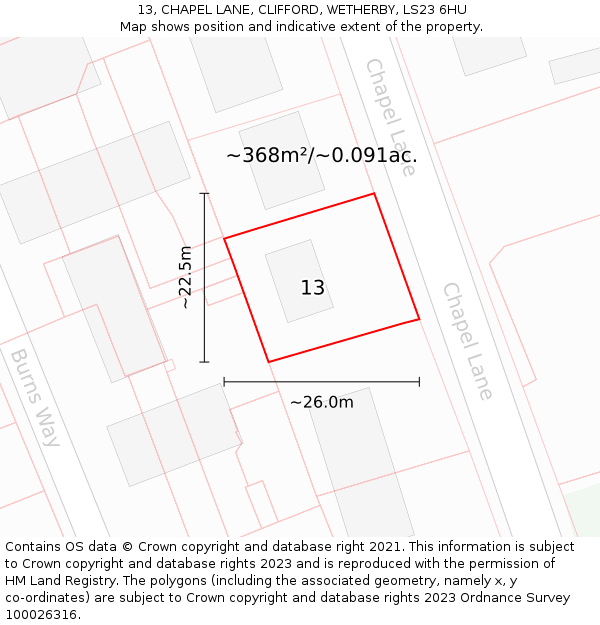 13, CHAPEL LANE, CLIFFORD, WETHERBY, LS23 6HU: Plot and title map
