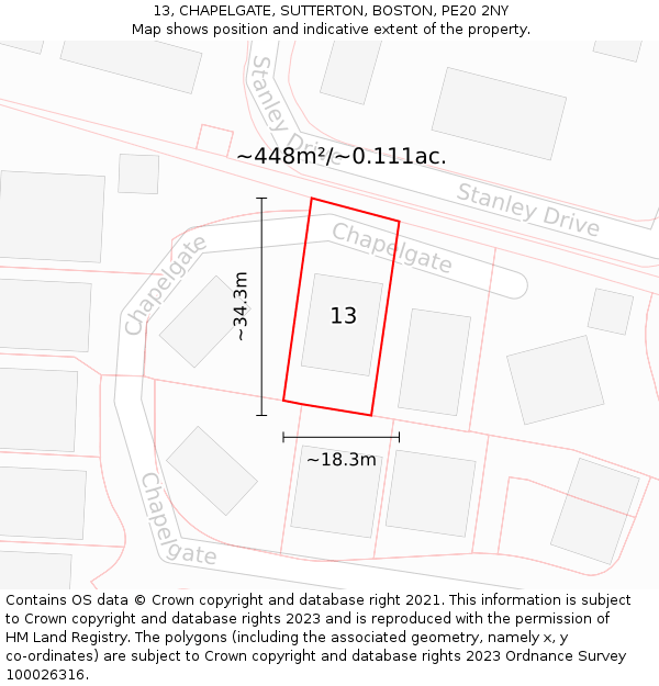 13, CHAPELGATE, SUTTERTON, BOSTON, PE20 2NY: Plot and title map