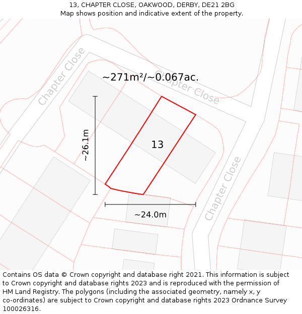 13, CHAPTER CLOSE, OAKWOOD, DERBY, DE21 2BG: Plot and title map