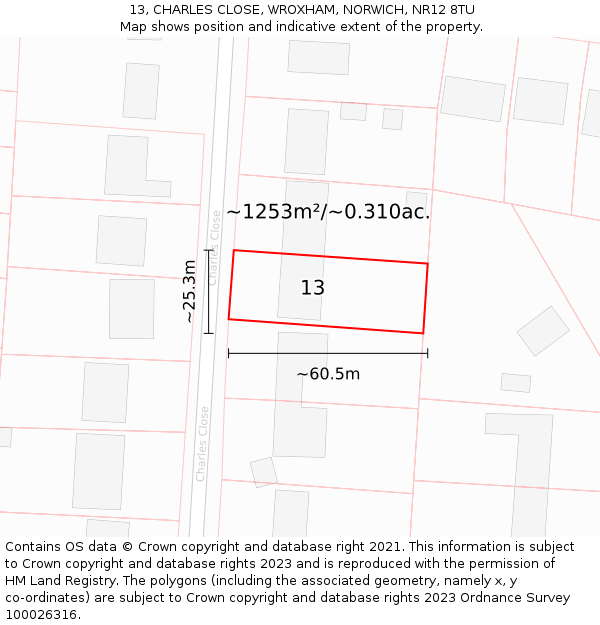13, CHARLES CLOSE, WROXHAM, NORWICH, NR12 8TU: Plot and title map